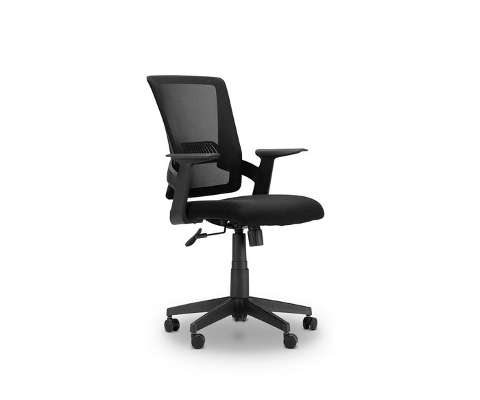 The Pitka Chair is a black ergonomic office chair featuring a mesh back, lumbar support, padded seat, adjustable armrests and height, and five caster wheels on a swivel base, shown isolated on a white background.