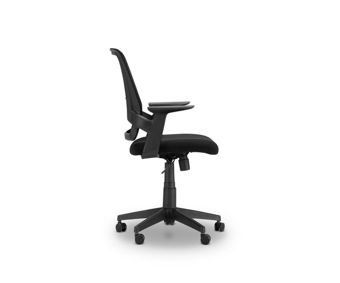 Side view of the Pitka Chair, a black ergonomic office chair with adjustable height and built-in lumbar support, featuring armrests and five wheels, set against a plain white background.