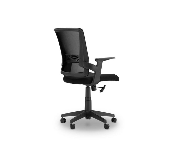 The Pitka Chair, shown from a rear side angle against a plain white background, is a black ergonomic office chair with armrests, a mesh back featuring built-in lumbar support, a padded seat, an adjustable height lever, and five caster wheels.