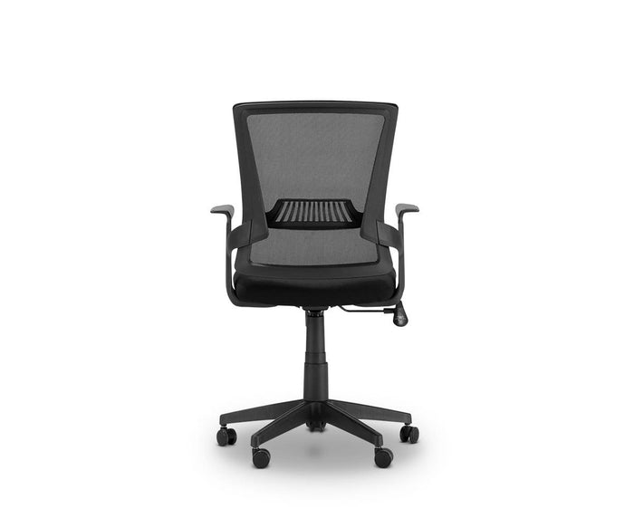 The Pitka Chair is a black ergonomic office chair featuring a mesh backrest, lumbar support, adjustable armrests, and an adjustable height five-wheel base, shown from the back against a white background.