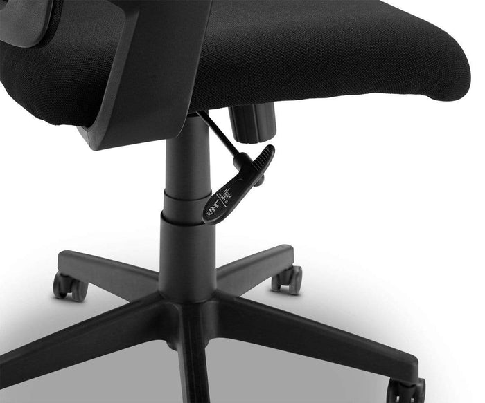 Close-up of the Pitka Chair in black, highlighting the seat, armrest, and labeled height adjustment lever situated above the wheeled base. The chair features built-in lumbar support to provide ergonomic comfort throughout your workday.