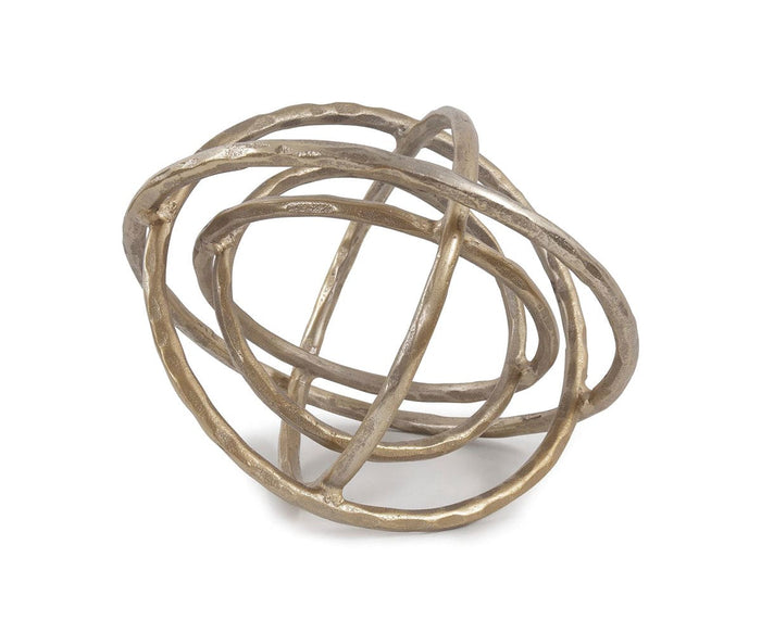 A geometric abstract sculpture featuring interlocking, irregular circular bands crafted from brushed bronze, forming a spherical shape reminiscent of the Planetary Rings Sculpture.