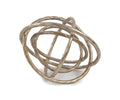 A geometric abstract sculpture featuring interlocking, irregular circular bands crafted from brushed bronze, forming a spherical shape reminiscent of the Planetary Rings Sculpture.