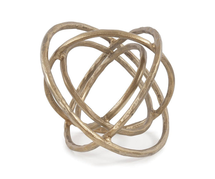 Introducing the Planetary Rings Sculpture, a decorative gold metal accent crafted from antiqued brass and aluminum. This striking piece features several interlocking, irregular loops that form an abstract geometric design inspired by planetary rings.