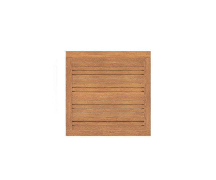 A square wooden panel with horizontal slats and a frame, shown against a white background, showcases the rich teak finish of the Playa Mar Outdoor Coffee Table.