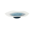 The Polar Frost Bowl, in a striking blue and multi-color design, features a shallow glass silhouette with a wide, wavy white rim and deep blue center. Hand-finished for exceptional craftsmanship, it makes an eye-catching decorative piece—especially when displayed against a plain white background.
