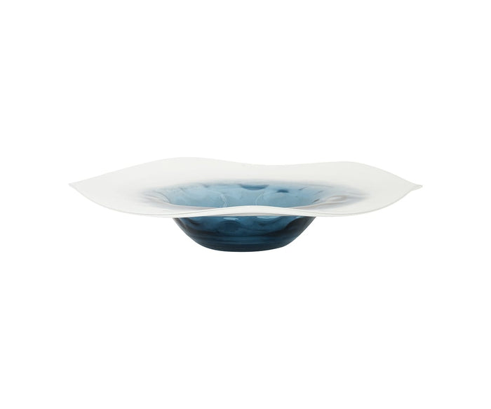 Introducing the Polar Frost Bowl: a hand-finished glass decorative bowl featuring a wide, wavy white rim and a deep blue center, showcased from a side angle against a white background.