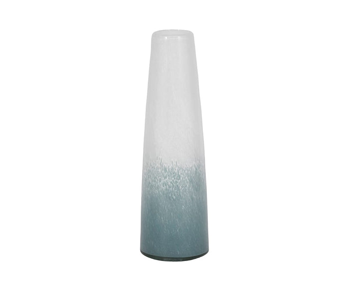 The Polar Frost Vase features a tall, cylindrical silhouette with a stunning ombré finish that blends seamlessly from translucent white at the top to blue-green at the base. Hand-finished glass craftsmanship elevates this vase, adding a refined touch to any décor.