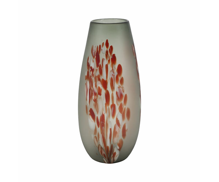 The Poppy Frost Vase is a hand-finished, multi-color glass vase with a rounded silhouette. Its frosted surface displays an abstract pattern in red and orange, reminiscent of leaves or flower petals, bringing elegant floral accents to any space.