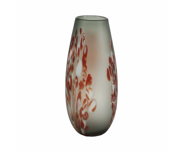 Introducing the Poppy Frost Vase – a hand-finished glass vase with an elegant oval shape, adorned with abstract red and white patterns reminiscent of bubbles and organic forms. Perfect for showcasing floral arrangements, this vase is beautifully presented against a plain white backdrop.