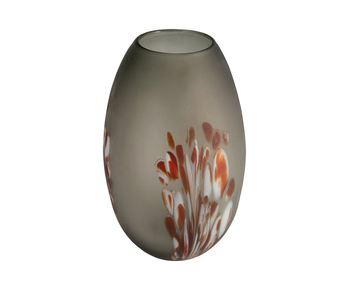 Poppy Frost Vase: The Poppy Frost Vase is an oval-shaped vase crafted from frosted glass with a matte finish. Its smooth surface is adorned with hand-finished abstract patterns in brown, orange, and white. Featuring a wide opening at the top, this vase is ideal for displaying floral arrangements in any setting.