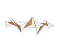 Introducing the Prisma Mixed Media Art: striking geometric wall art featuring interconnected solid triangles in rich brown and multi-hued, wood-textured panels outlined with bold metal accents, all arranged on a crisp white background for a captivating statement piece.