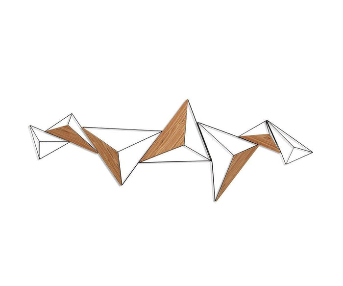 Introducing the Prisma Mixed Media Art: striking geometric wall art featuring interconnected solid triangles in rich brown and multi-hued, wood-textured panels outlined with bold metal accents, all arranged on a crisp white background for a captivating statement piece.
