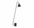 The Quade Floor Lamp features a minimalist, sleek black design with a tall, slender frame, an angled stem, and a distinctive cone-shaped lampshade. Its contemporary look is complemented by a modern cylindrical metal base.