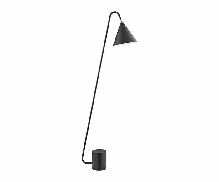 The Quade Floor Lamp features a minimalist, sleek black design with a tall, slender frame, an angled stem, and a distinctive cone-shaped lampshade. Its contemporary look is complemented by a modern cylindrical metal base.