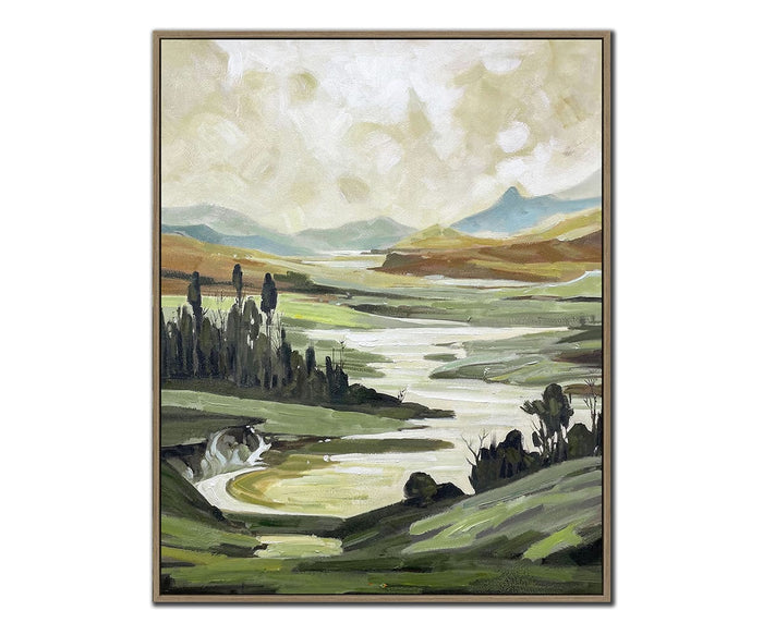 Experience the tranquil beauty of the Quiet Current I & II Wall Art Set, featuring hand-embellished canvases depicting serene landscapes with rolling green hills, a winding river, trees, and distant mountains beneath a cloudy sky. Each piece is beautifully presented in an oak floating frame, perfectly complementing the calming scenes.