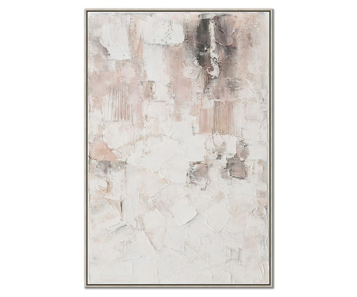 Quiet Imprints Wall Art showcases textured, overlapping blocks in beige and multi-colored muted tones, with rough brushstrokes and a subtle neutral palette in a vertical orientation. This layered neutrals wall art makes a sophisticated statement as modern decor for any space.