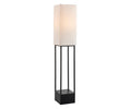 The Quinlan Floor Lamp showcases a sleek, tall rectangular white fabric shade supported by a sturdy black metal frame and base, complete with an open shelf at the bottom. Inspired by the Quinlan Outdoor Floor Lamp, its weather-resistant construction offers contemporary style and lasting durability for both indoor and outdoor environments.