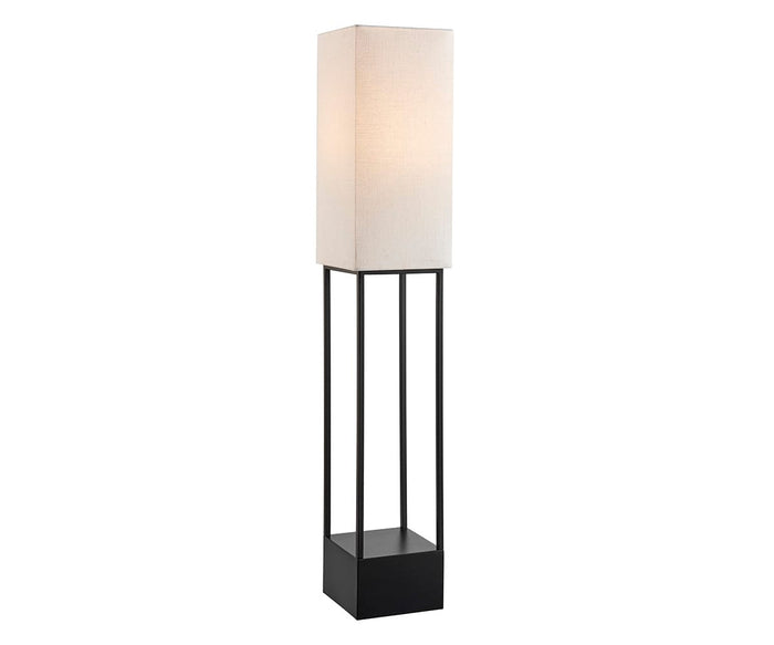 The Quinlan Floor Lamp showcases a sleek, tall rectangular white fabric shade supported by a sturdy black metal frame and base, complete with an open shelf at the bottom. Inspired by the Quinlan Outdoor Floor Lamp, its weather-resistant construction offers contemporary style and lasting durability for both indoor and outdoor environments.
