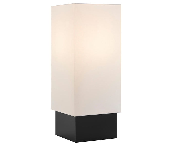 A contemporary table lamp with a solid black rectangular base and a crisp white rectangular shade stands against a plain white background—crafted for durability and modern appeal, the Quinlan Table Lamp offers weather-resistant design inspired by the original.