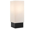 A contemporary table lamp with a solid black rectangular base and a crisp white rectangular shade stands against a plain white background—crafted for durability and modern appeal, the Quinlan Table Lamp offers weather-resistant design inspired by the original.