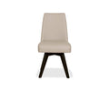 A front view of the Raynor Leather Swivel Dining Chair in Raynor Taupe, featuring a modern gently angled backrest and dark beech legs, isolated on a white background.