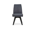 The Raynor Swivel Dining Chair, upholstered in grey with a padded seat and backrest, features four angled black legs and is shown against a plain white background.