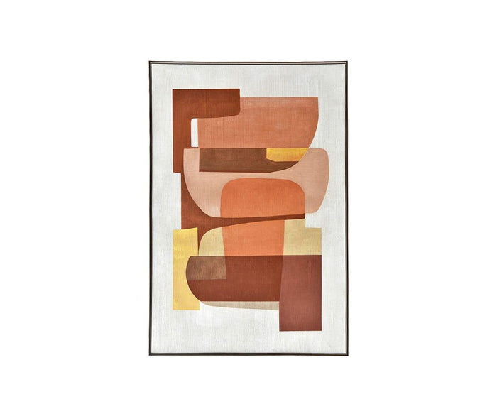 The Retro Sunset I Oil Painting showcases abstract, overlapping geometric shapes in a vibrant palette of orange and multiple complementary hues on a crisp white background, all elegantly framed with a thin dark border. This piece captures a distinct mid-century vibe reminiscent of geometric cubism, seamlessly blending classic artistry with modern style.