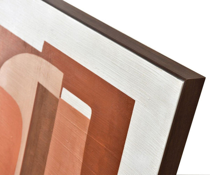 Close-up of the Retro Sunset I Oil Painting, a framed geometric cubism artwork featuring intersecting shapes in shades of brown, tan, and white. The image highlights the top corner of the canvas and its dark wooden frame—a striking piece that embodies a refined mid-century aesthetic.