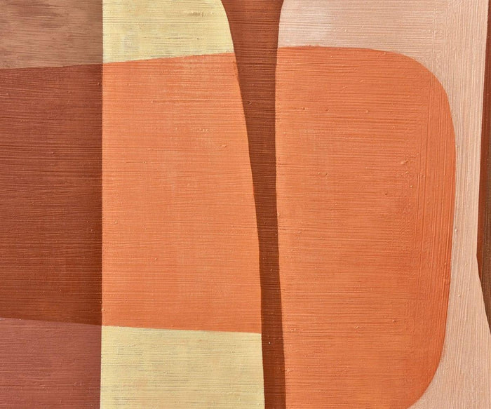 Retro Sunset I Oil Painting features an abstract composition with overlapping shapes in shades of orange, beige, and brown. The textured surface and curved lines add depth and movement to the geometric design, capturing a bold visual language reminiscent of geometric cubism while embodying a refined mid-century aesthetic.