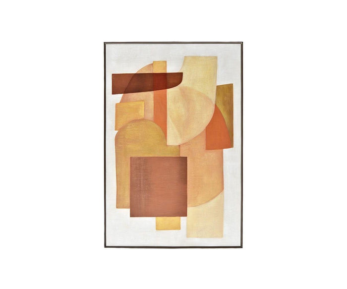 Retro Sunset II Oil Painting showcases abstract art with overlapping geometric shapes in vibrant orange and multi-colored tones on a white background, accented by a slim black frame. This geometric cubism piece captures the essence of mid-century wall art through its bold forms and harmonious color palette.
