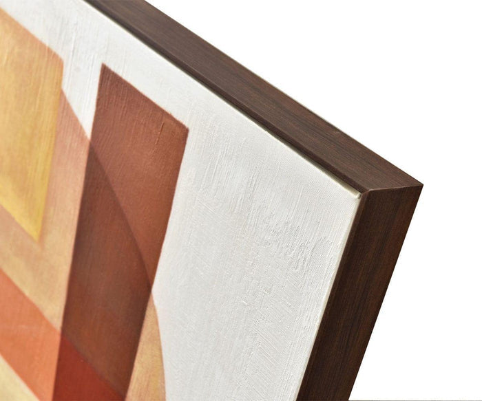 A close-up of the “Retro Sunset II Oil Painting,” a framed abstract artwork featuring geometric shapes in shades of brown, orange, and yellow on a white textured background, evoking the style of mid-century wall art.