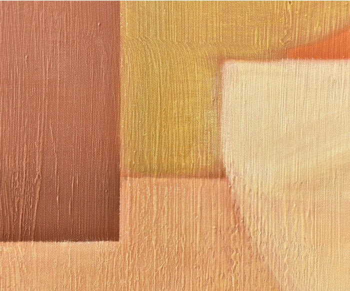 Experience the Retro Sunset II Oil Painting, an abstract piece featuring textured brushstrokes in warm tones of beige, tan, and peach, with overlapping rectangular and curved shapes inspired by mid-century wall art.