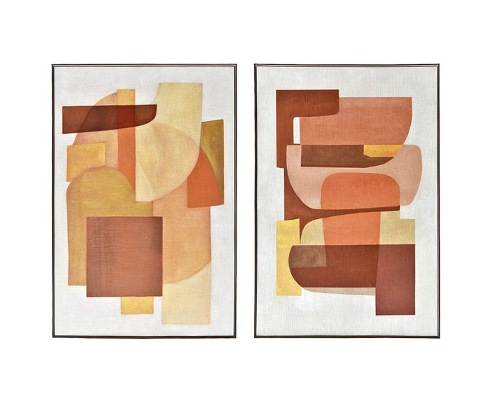 The Retro Sunset II Oil Painting showcases overlapping geometric shapes in earthy hues of brown, orange, yellow, and beige on a white background, offering a distinctive arrangement that perfectly captures mid-century wall art inspired by geometric cubism.