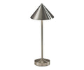 The Ritchie Cordless LED Table Lamp in silver features a brushed steel finish, adjustable brightness, a conical shade, a slender cylindrical stem, and a round base.