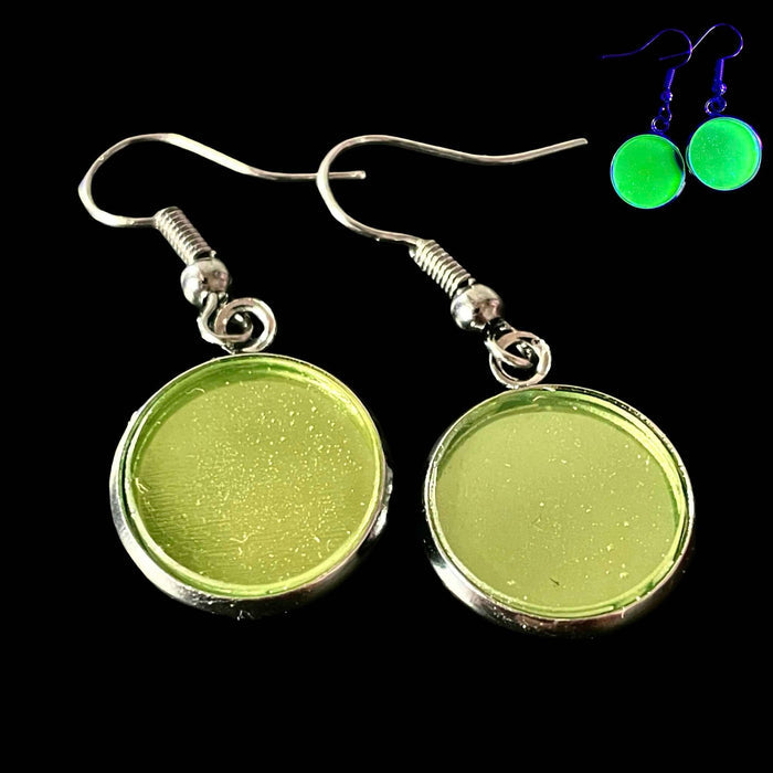 Round Earrings with Black Setting | Uranium Glass | Glows Under UV Light | Flat Circle Jewelry
