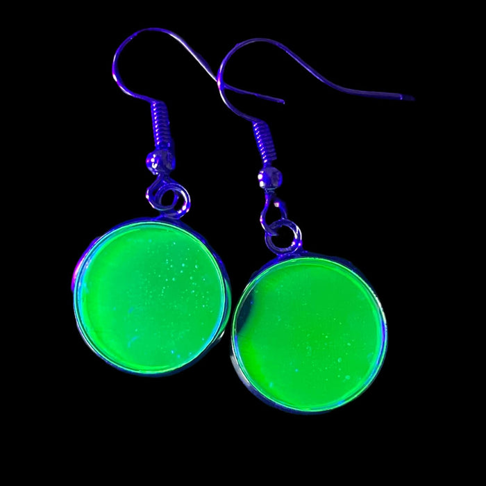 Round Earrings with Black Setting | Uranium Glass | Glows Under UV Light | Flat Circle Jewelry