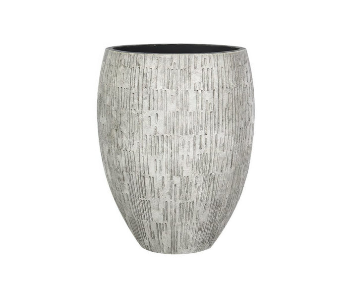 Beige, tall, oval-shaped Rydell planter made from fiberstone, featuring a textured vertical line pattern and a smooth, dark interior.