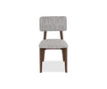 Introducing the Saga Dining Chair, a stylish mid-century piece with a gray upholstered seat and backrest, set on dark walnut wooden legs and frame. Shown against a plain white background, this modern chair blends comfort and sophistication, making it the perfect addition to any contemporary dining space.