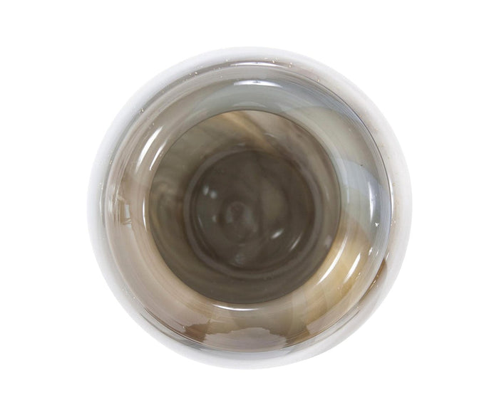 A top-down view of the Sand Art Glass Vase reveals its round, glossy glass form with swirling shades of brown, gray, and white in a marbled pattern—perfect as a hand-blown accent for modern neutral decor.