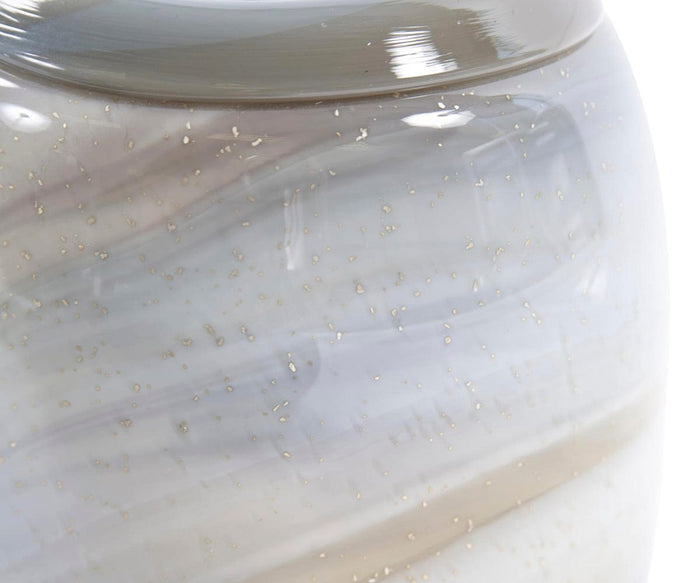 Close-up of the Sand Art Glass Vase: a glossy, round piece featuring a marbled white and gray pattern, scattered with small, shiny gold specks throughout its surface—an elegant accent perfect for modern neutral decor.