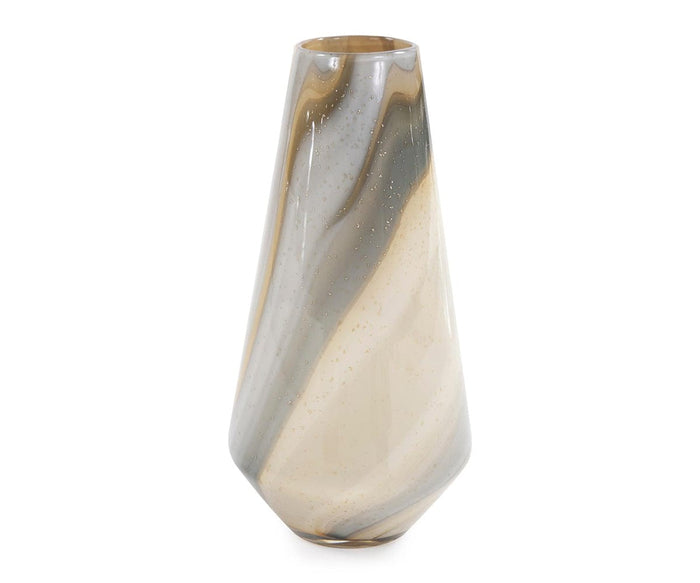 Introducing the Sand Art Tapered Glass Vase in grey—a tall, modern vase with a tapered silhouette, featuring swirling neutral tones and a glossy finish inspired by sand art glass design.