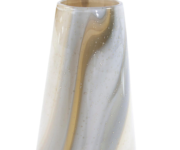 The Sand Art Tapered Glass Vase is a tall, tapered vase with a smooth, glossy surface adorned with swirled patterns in white, beige, and light brown hues—reminiscent of sand art designs—and features small bubble-like specks throughout.