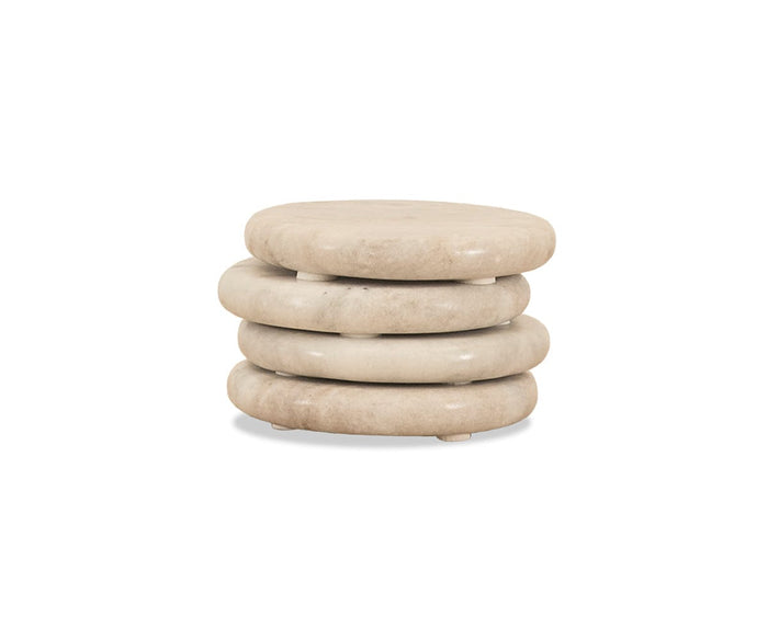 A set of Savina Round Marble Coasters in grey marble, each with a smooth, thick disc shape and a stacked, three-ring design that evokes the elegant form of handcrafted stone—reminiscent of layered sculptures—displayed against a plain white background.