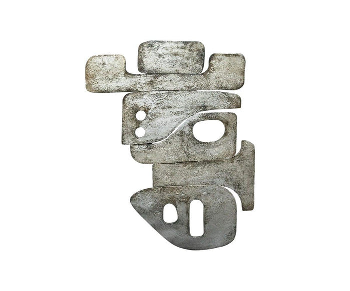 Sculpted Cairn Art I in Grey/Multi showcases a textured metallic finish with geometric cutouts and elegantly curved forms, arranged vertically against a crisp white background—an ideal piece of wall art for those looking to infuse their mid-century decor with the modern appeal of sculpted cairn-inspired design.