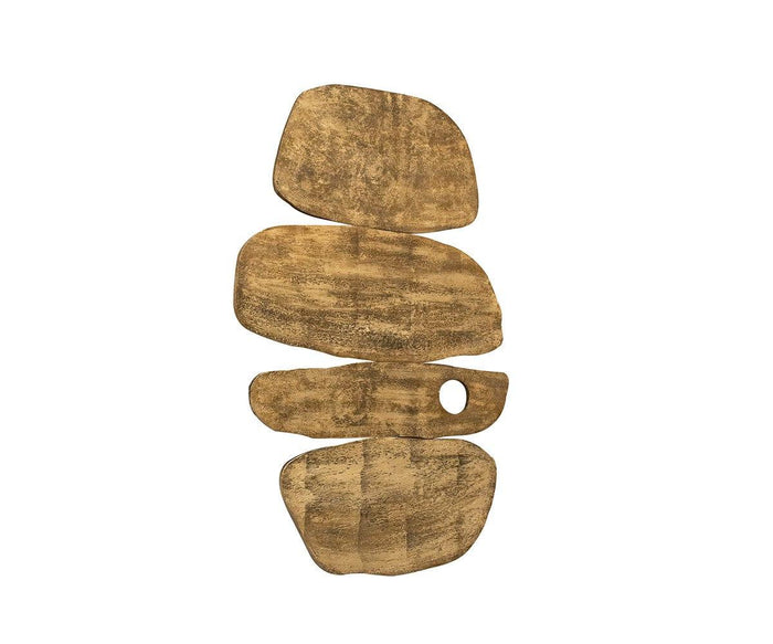 Sculpted Cairn Art II features four uneven, stacked wooden slabs with rounded edges—one adorned with a small circular hole—arranged vertically against a white background. This organic design evokes the essence of Sculpted Cairn Art, adding an elegant touch of mid-century decor to any space.