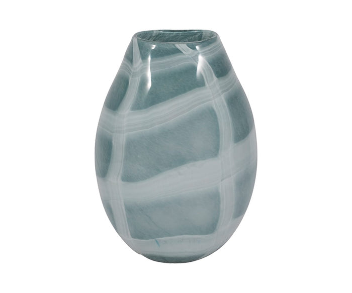 Featuring a smooth, oval-shaped design, the Sculpted Swirl Vase comes in a Blue/Multi color palette and is hand-finished with white horizontal streaks. This glass accent piece showcases a marbled, glossy appearance.