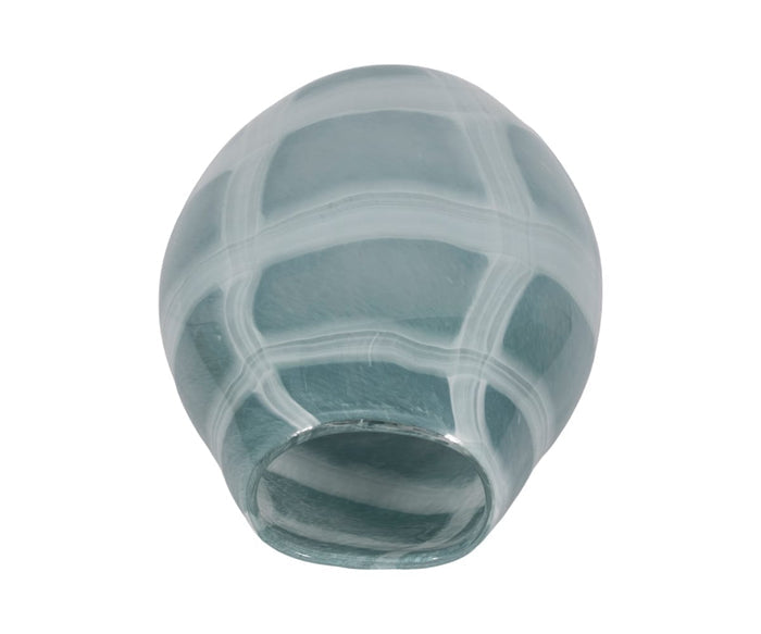 A top-down view of the Sculpted Swirl Vase showcases its blue-green, hand-finished glass design with white swirling stripes and a wide opening.