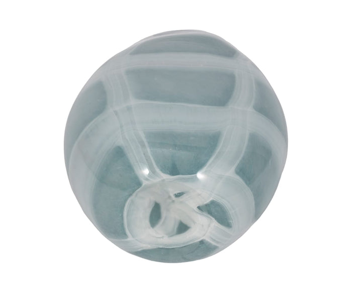 The Sculpted Swirl Vase is a hand-finished glass accent piece, featuring a round, translucent blue-green form with white swirling lines and a smooth, glossy surface, shown here against a white background.