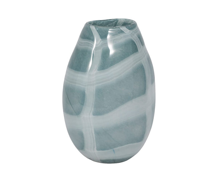 The Sculpted Swirl Vase is an oval-shaped ceramic accent with a glossy finish and a smooth surface in a light blue-green hue, highlighted by swirling white stripe patterns. This artistic vase adds style and sophistication to any space.